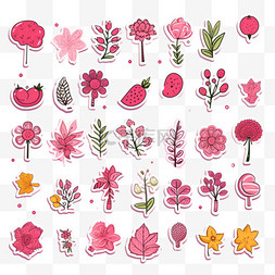 鲜花贴纸素材图片_粉色背景上的可爱自然涂鸦贴纸