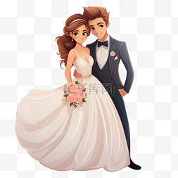 订婚背景图片_身着婚纱的可爱新郎新娘卡通形象