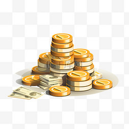 货币现金与硬币堆叠和成捆的钞票
