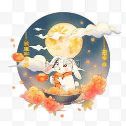 中秋节兔子吃着月饼赏月手绘元素