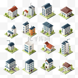 联排别墅建筑图标与城市景观等距