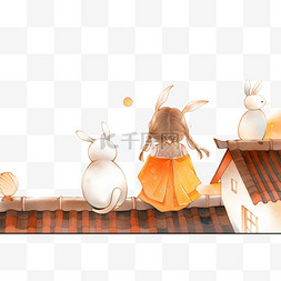 卡通背影图片_中秋节兔子女孩望月卡通元素手绘