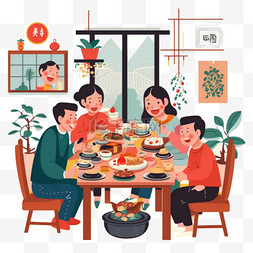 中秋节图片_中秋节扁平风插画手绘家庭团圆饭