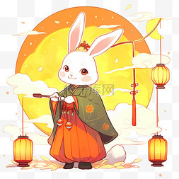 明月背景图片_卡通手绘中秋节国风兔子赏月元素