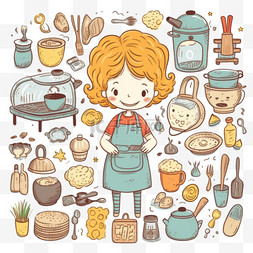 烹饪涂鸦图片_可爱的女孩在厨房和面包店烹饪涂
