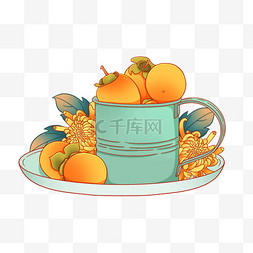 水果盘子图片_秋天秋季国潮风植物水果一盘柿子