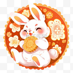 开心月饼图片_中秋节卡通元素可爱的兔子吃月饼