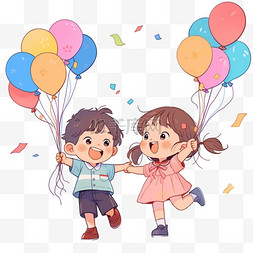 卡通元素可爱的孩子拿着气球欢呼