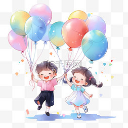 可爱的孩子拿着气球卡通欢呼庆祝