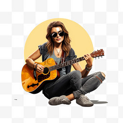 v女孩图片_戴墨镜的女孩坐在吉他旁，展示 v 