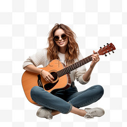 v女孩图片_戴墨镜的女孩坐在吉他旁，展示 v 