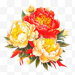 盛开的红色黄色牡丹花手绘元素