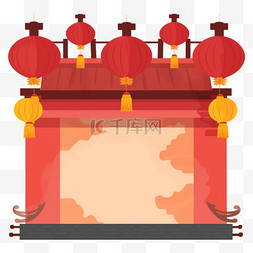 红色古风背景图片_中式门楼红墙插画中国风元素