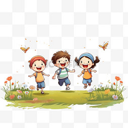 可爱图片_孩子们在草地的背景下欢快地跳着