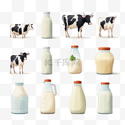 牛奶在不同容器中的矢量插图集。