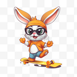 小标志矢量素材图片_可爱的兔子在玩滑板，戴着眼镜卡
