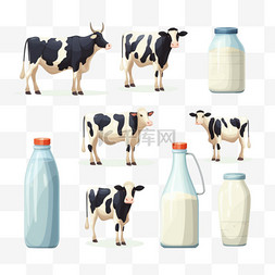 牛奶在不同容器中的矢量插图集。