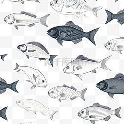 复古无缝背景图片_手绘鱼无缝背景图案。