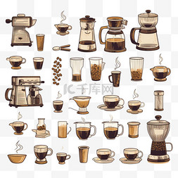 咖啡机和咖啡豆图片_一套咖啡元素和咖啡配饰