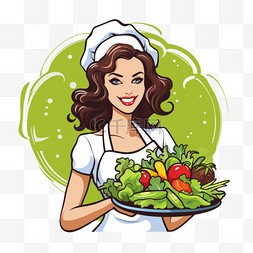 可爱手绘人物女图片_手持素食沙拉的可爱女厨师健康餐