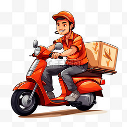 摩托车简图图片_骑着摩托车送餐的人，卡通艺术插