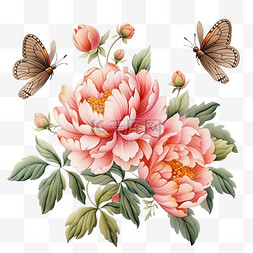 盛开牡丹花粉色手绘元素飞舞的蝴