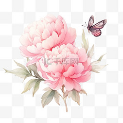 白色牡丹花花瓣图片_手绘元素盛开牡丹花粉色飞舞的蝴