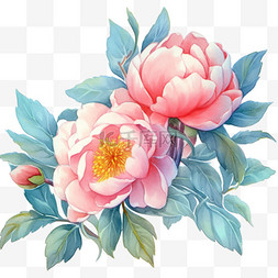 牡丹花盛开水粉色水彩插画元素