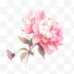 粉色手绘牡丹花图片_盛开手绘牡丹花粉色飞舞的蝴蝶元