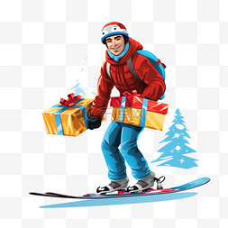 礼物送人图片_圣诞节人在滑雪板上送礼物