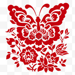 蝴蝶与花朵红色剪纸装饰元素