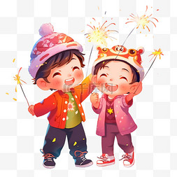 新年手绘场景图片_两个可爱的孩子放烟花卡通元素