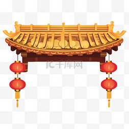 中式屋檐灯笼插画中国风装饰元素