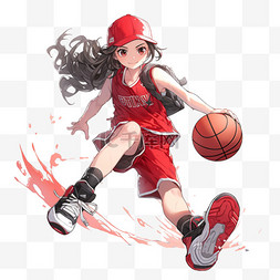 卡通手绘打篮球的女孩元素