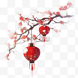 红色的灯笼图片_新春佳节元素白雪梅花灯笼手绘