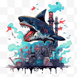 污染控制图片_卡通元素核污染变异的鲨鱼手绘