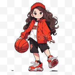篮球白色图片_女孩手绘拿着篮球卡通元素