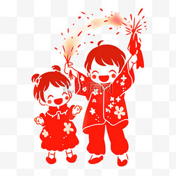 开心的女孩图片_新年红色剪纸手绘元素孩子放烟花