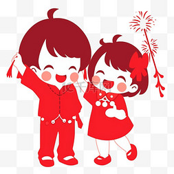 开心的女孩图片_新年红色剪纸孩子放烟花元素免抠