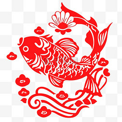 莲花鲤鱼图片_新年窗花元素红色剪纸鲤鱼手绘