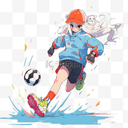 手绘踢足球的女孩卡通元素