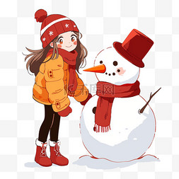 迎新年卡通可爱女孩堆雪人手绘元