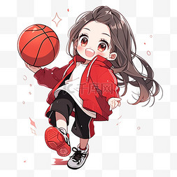 红黑白色图片_卡通女孩拿着篮球手绘元素
