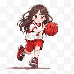 红黑白色图片_女孩手绘拿着篮球元素