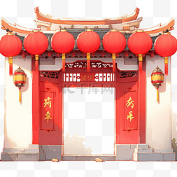 大红背景新年图片_免抠新年大红灯笼门面手绘元素