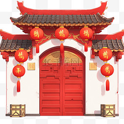 红大门图片_新年手绘免抠大红灯笼门面元素
