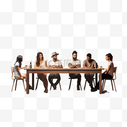 一群人坐在棕色木桌前的椅子上