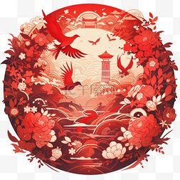 中国红色主题图片_新年窗花红色喜鹊元素手绘
