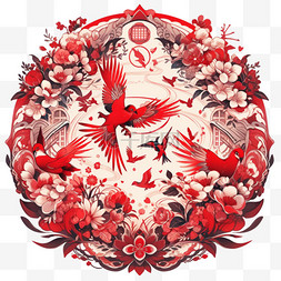 中国红色主题图片_新年窗花红色喜鹊元素手绘