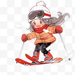 红色天空卡通图片_可爱的女孩冬天滑雪卡通手绘元素